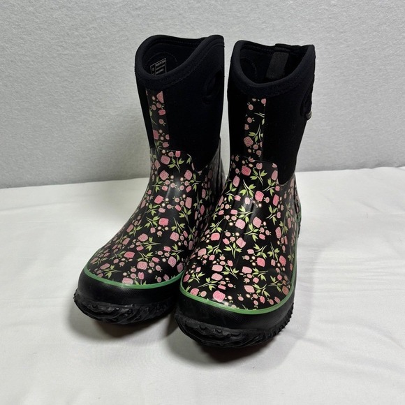 Perfect Storm Shoes - Perfect Storm Cloud Mid Tulip Rain Boots Womens 11 Black Pink Floral Waterproof
